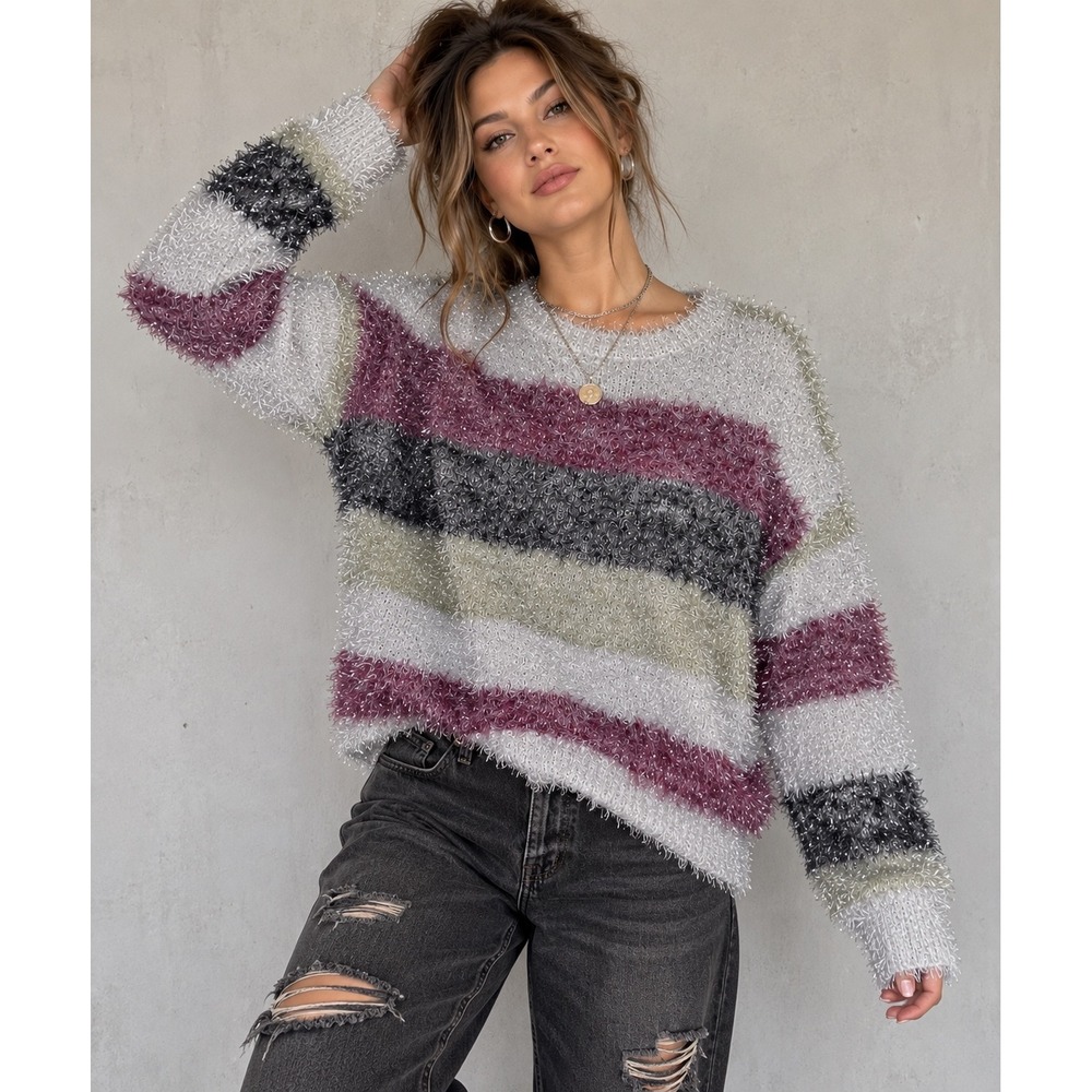 Wild Fable Fuzzy Metallic Eyelash Sweater S Striped Y2K Fairy Grunge Sparkle